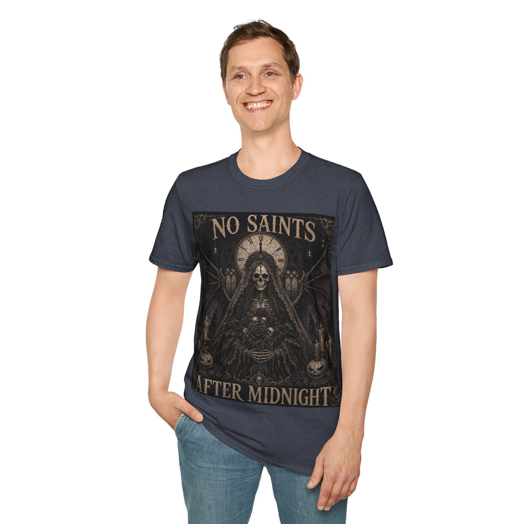 No Saints Graphic T-Shirt — Gothic Skull Clock Design