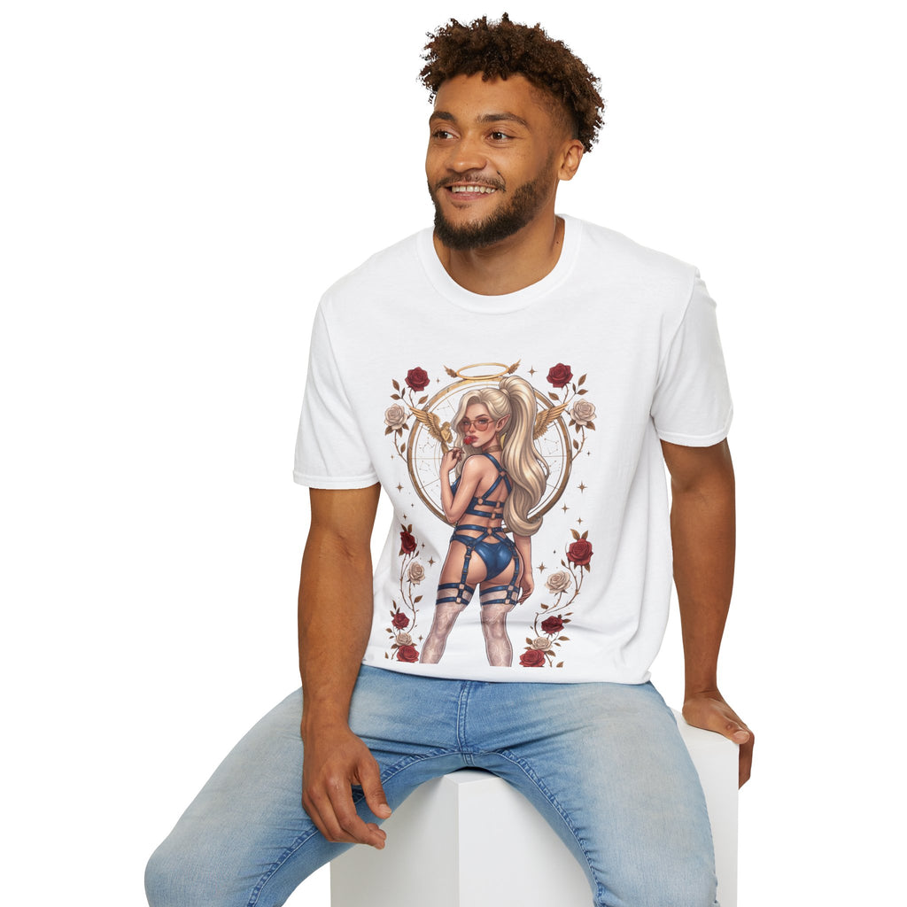 Sexy Angel Blonde Pin-Up Girl T Shirt - Rose Halo Graphic T-Shirt
