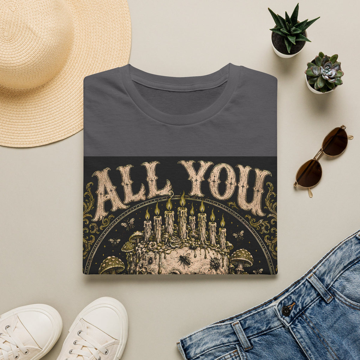 Skull Candle Crown T‑Shirt — "All You Can Rot" Vintage Gothic Tee