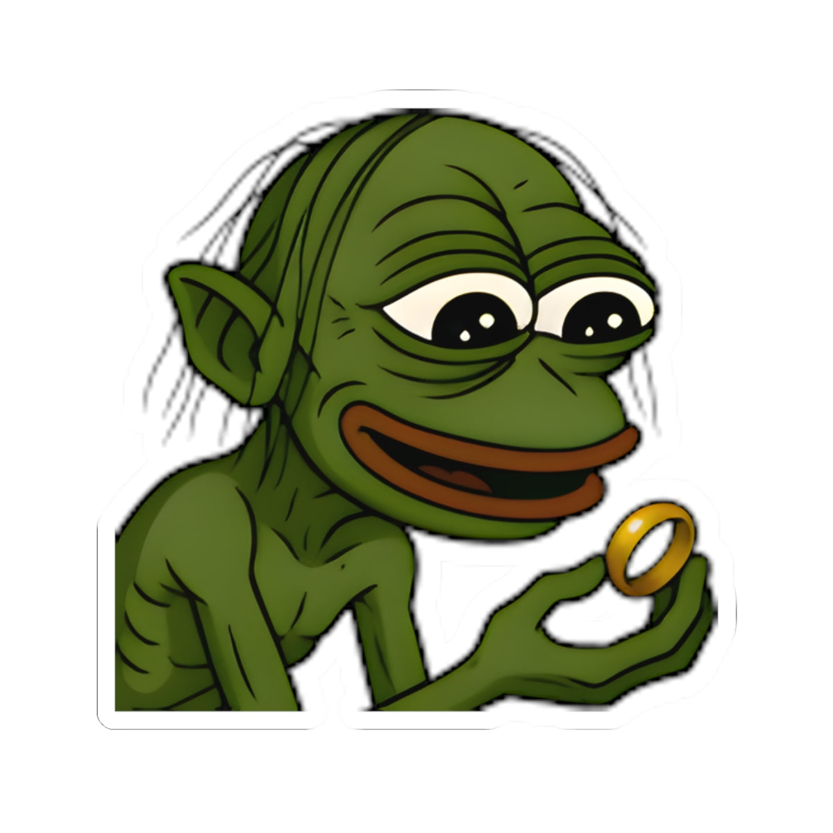 Pepe Gollum Sticker — Funny Green Character Holding Ring Kiss-Cut Sticker