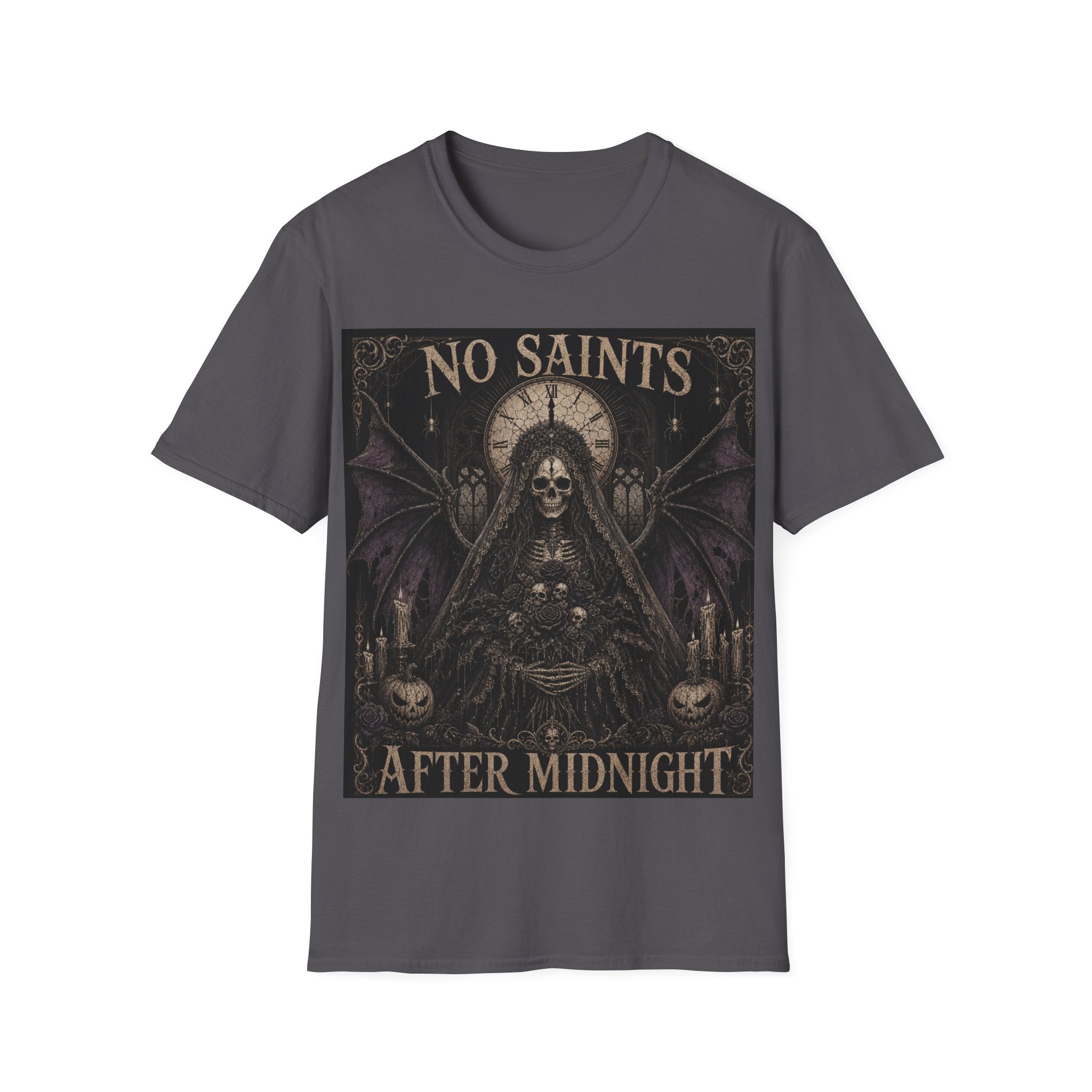 No Saints Graphic T-Shirt — Gothic Skull Clock Design