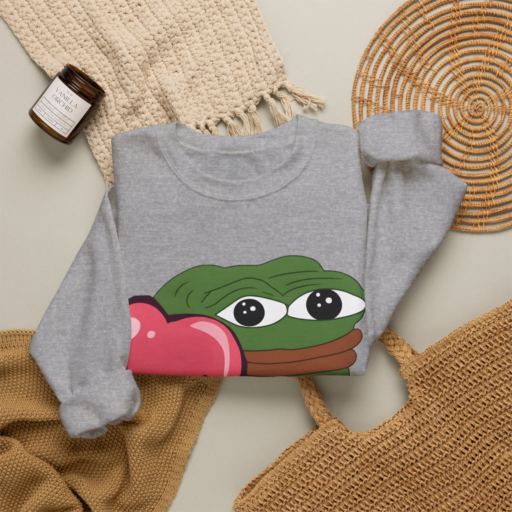 Pepe Heart Crewneck Sweatshirt - Cute Pepe Holding Pink Heart Graphic