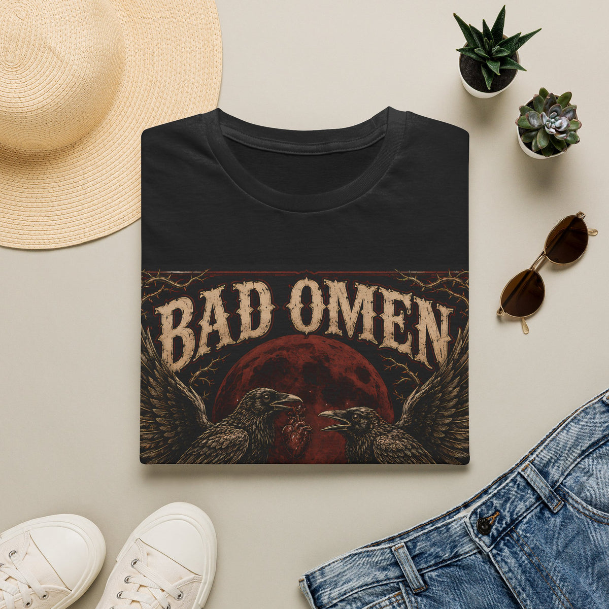 Bad Omen Graphic T‑Shirt — Gothic Raven Skeleton Retro Band Tee