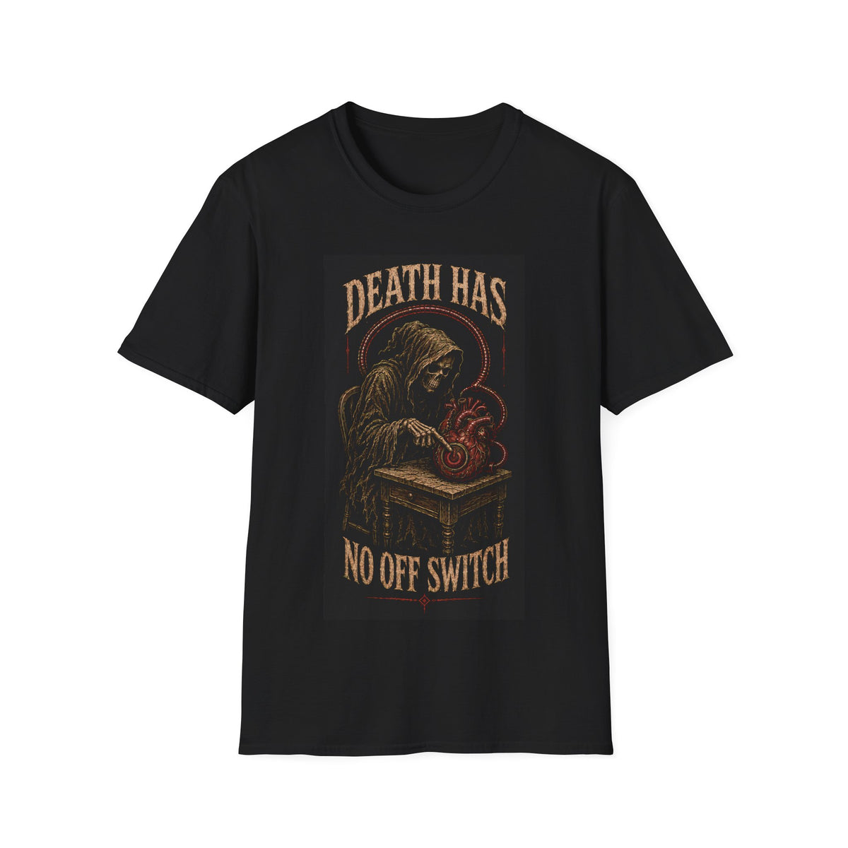 Death Has No Off Switch Graphic T-Shirt — Grim Reaper Vintage Dark Tee