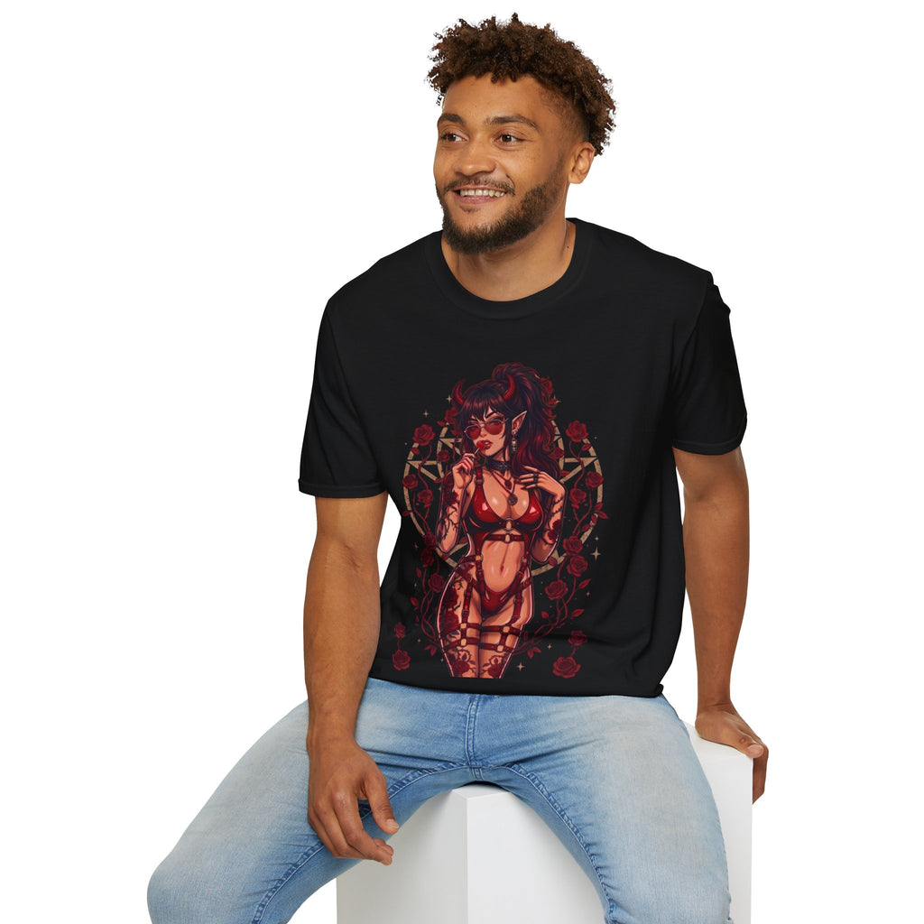 Sexy Succubus Tattoo Pin-Up Girl T Shirt - Rose Halo Graphic T-Shirt