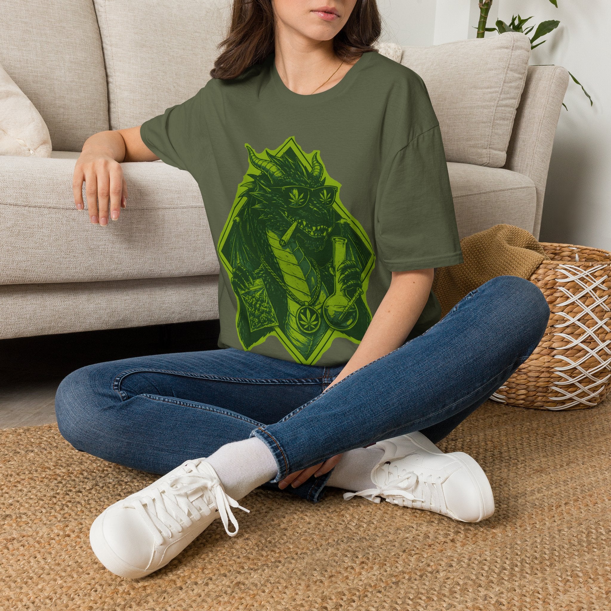 Dragon Lighter Graphic T-Shirt — Neon Green Dragon with Sunglasses