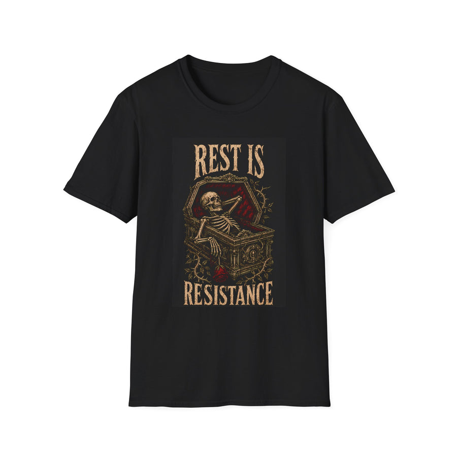 Black T-shirt with Rest Is Resistance text with a resting skeleton, front view.