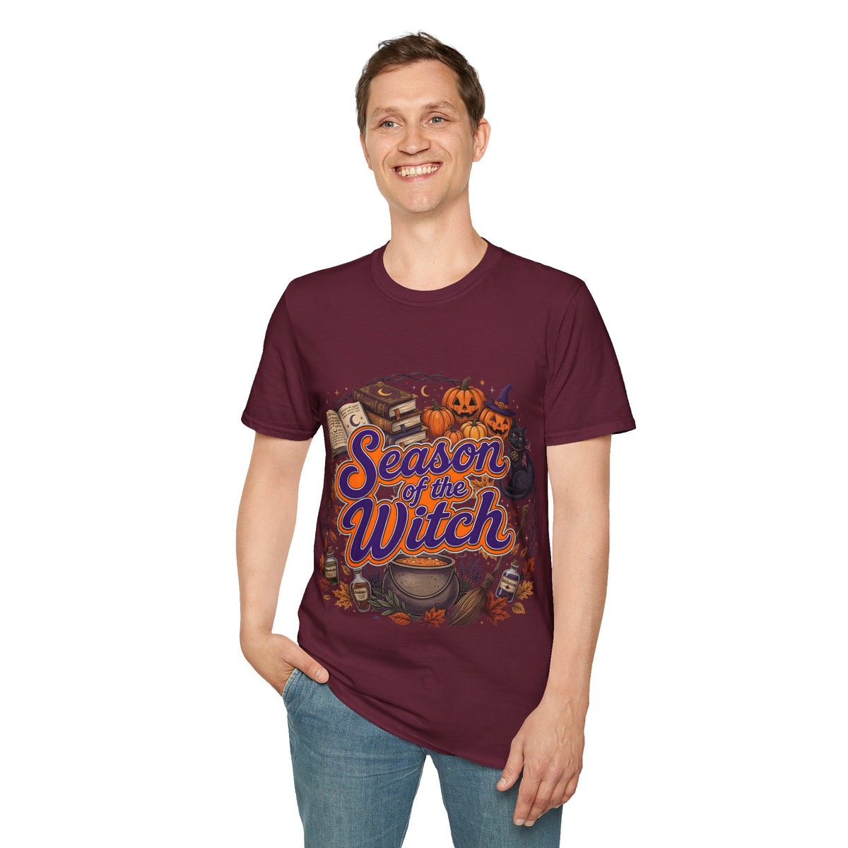 Season of the Witch Halloween T-Shirt — Pumpkin, Witch Hat & Spellbook Tee