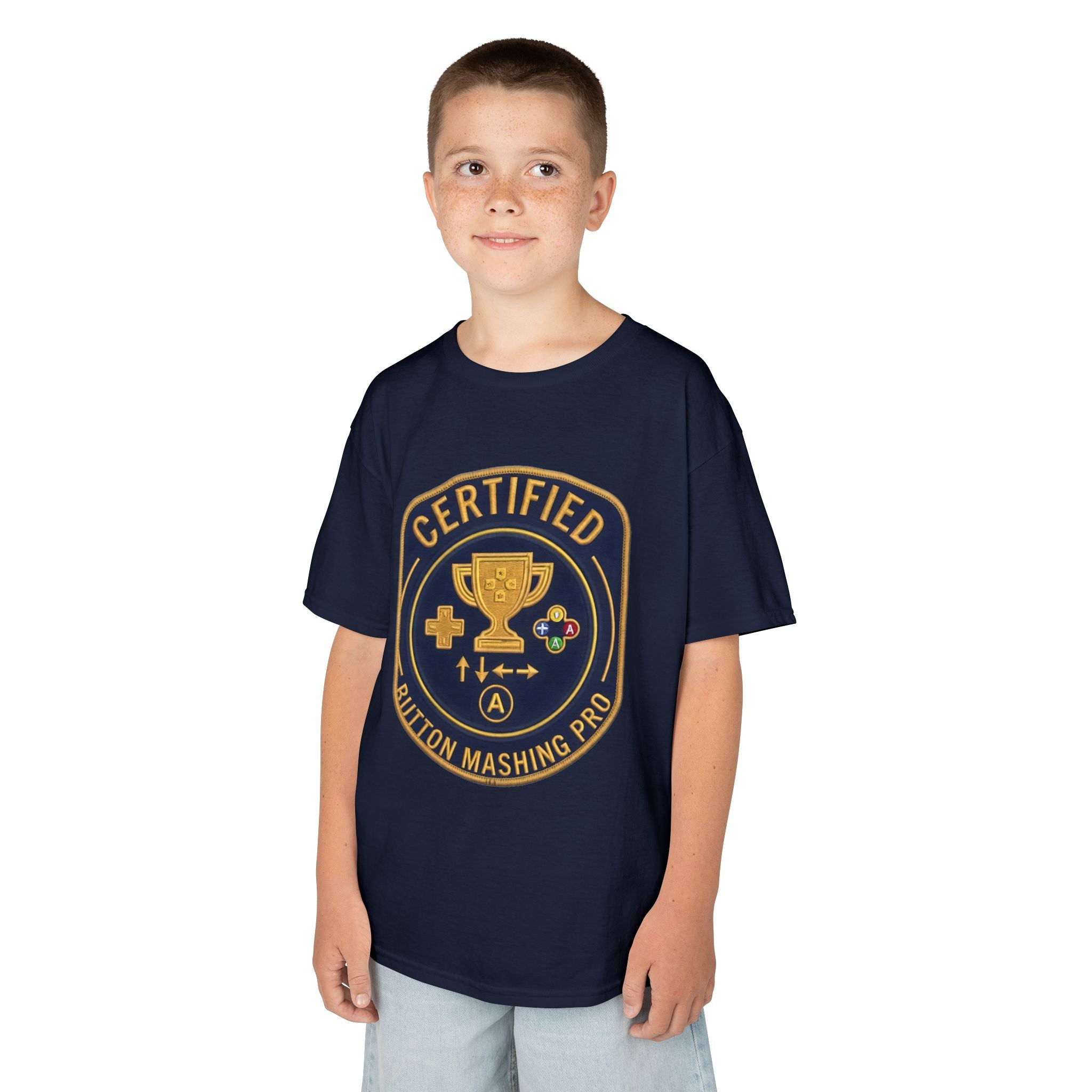 Kids Tee — "Certified Button Mashing Pro" Retro Gamer Badge