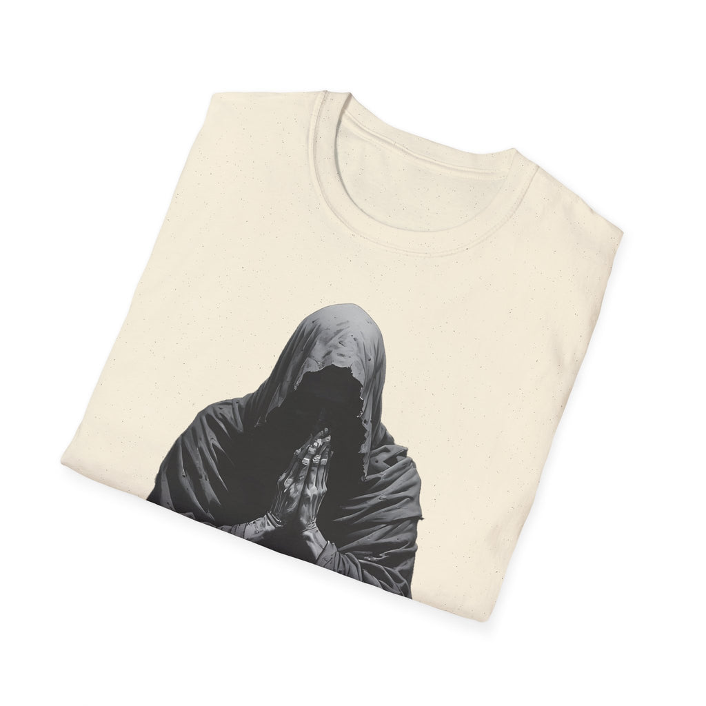 Hooded Figure Prayer T‑Shirt — Gothic Mystical Graphic Tee