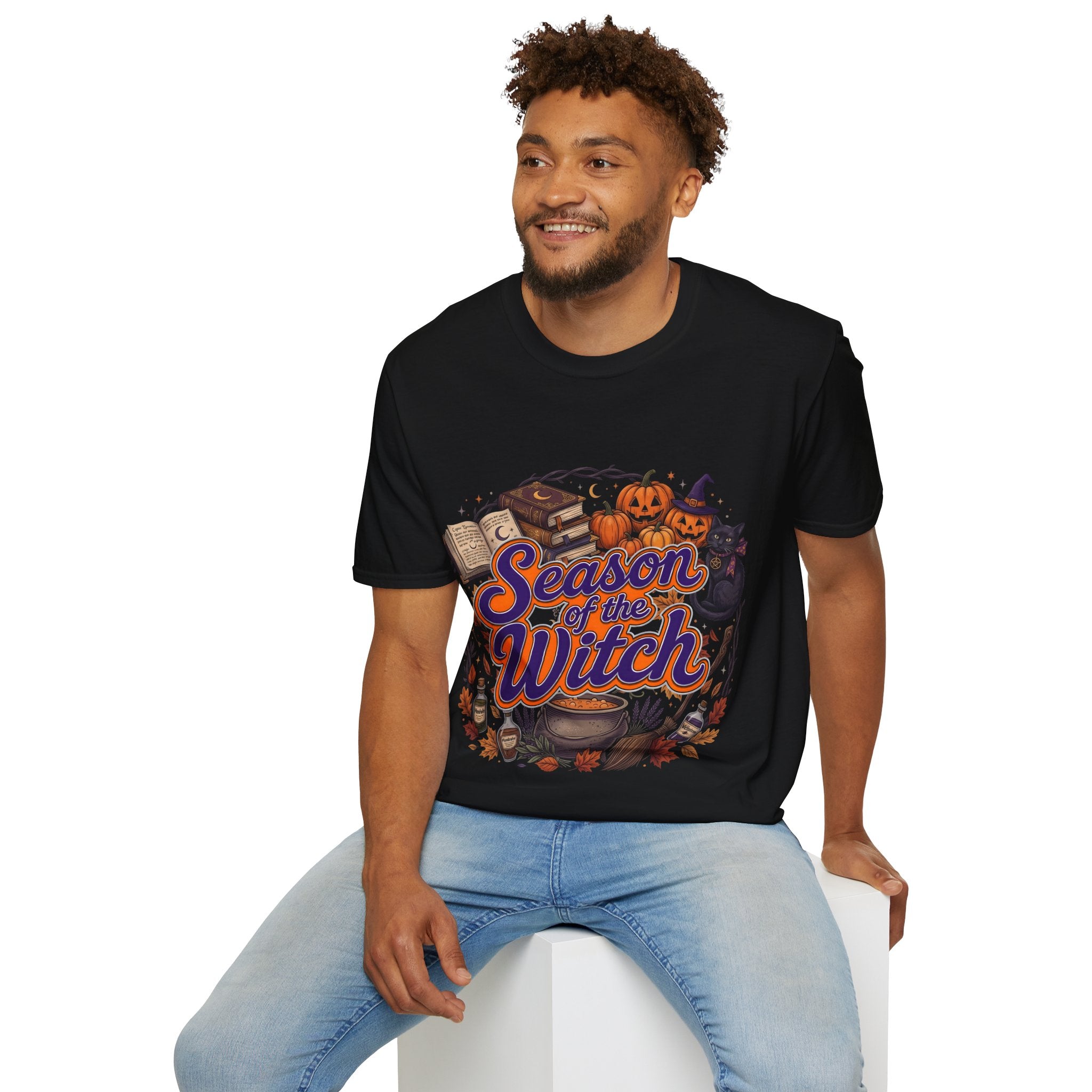 Season of the Witch Halloween T-Shirt — Pumpkin, Witch Hat & Spellbook Tee