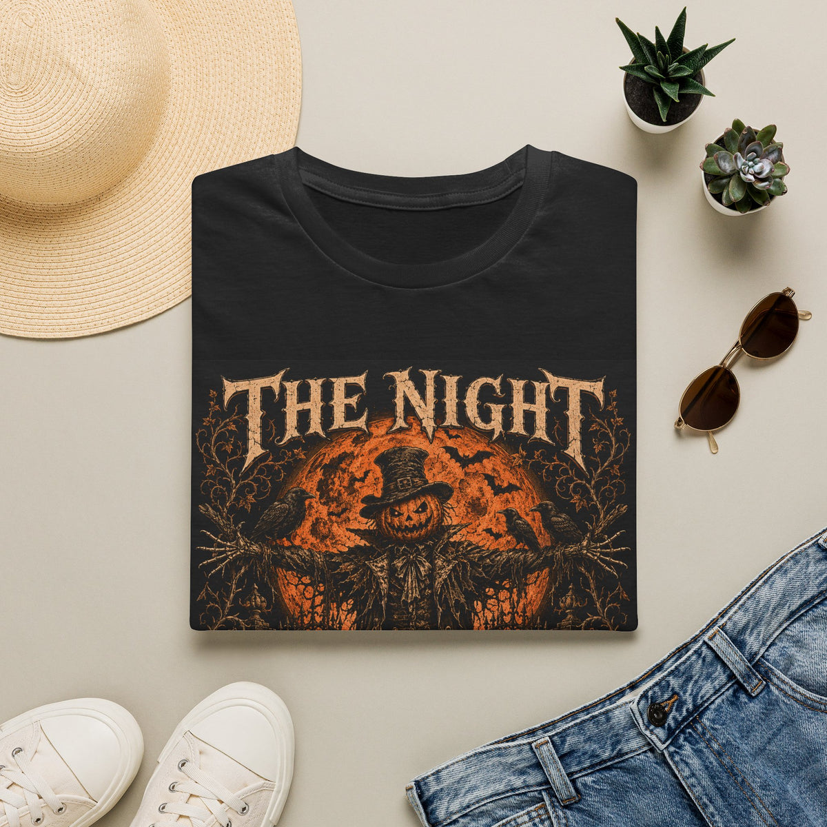 Halloween Scarecrow T-Shirt — "The Night Belongs To" Spooky Pumpkin Graphic