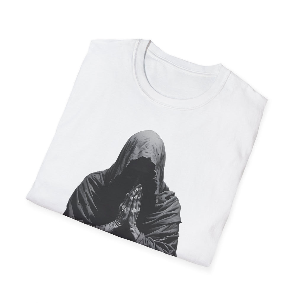 Hooded Figure Prayer T‑Shirt — Gothic Mystical Graphic Tee