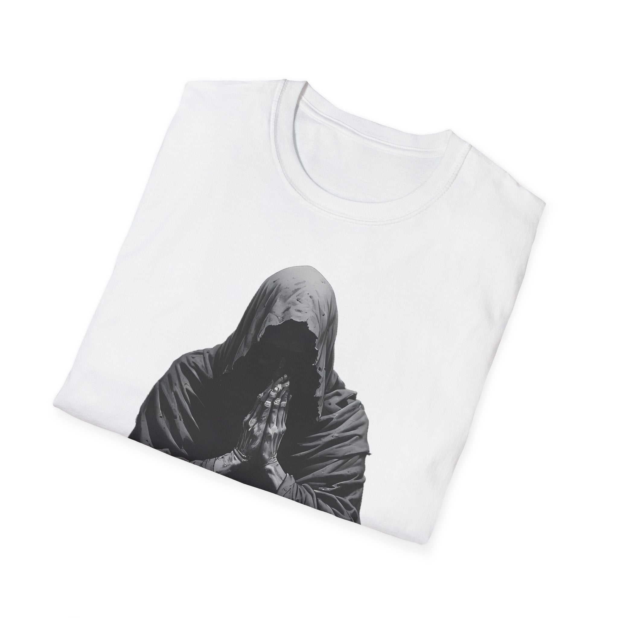 Hooded Figure Prayer T‑Shirt — Gothic Mystical Graphic Tee