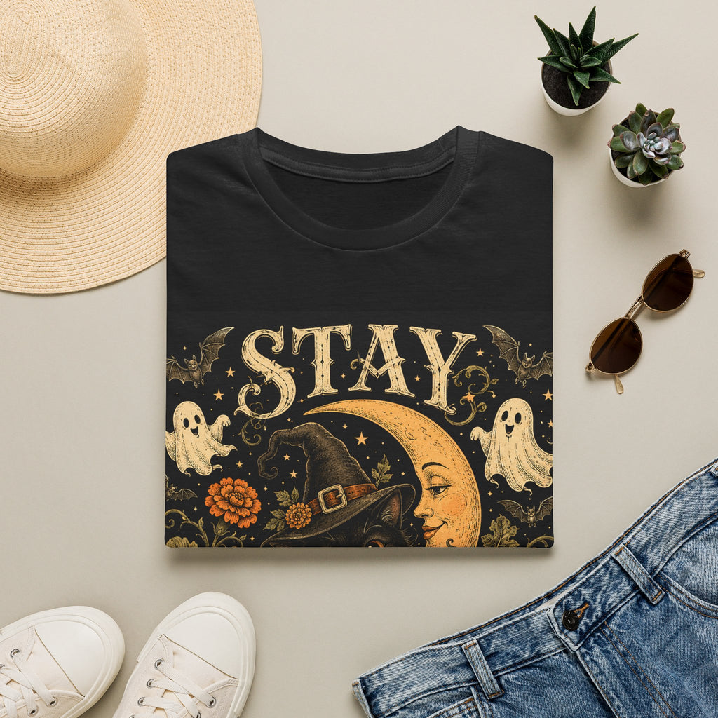 Halloween 'Stay Bewitched' T‑Shirt — Vintage Moon, Black Cat & Pumpkin Design