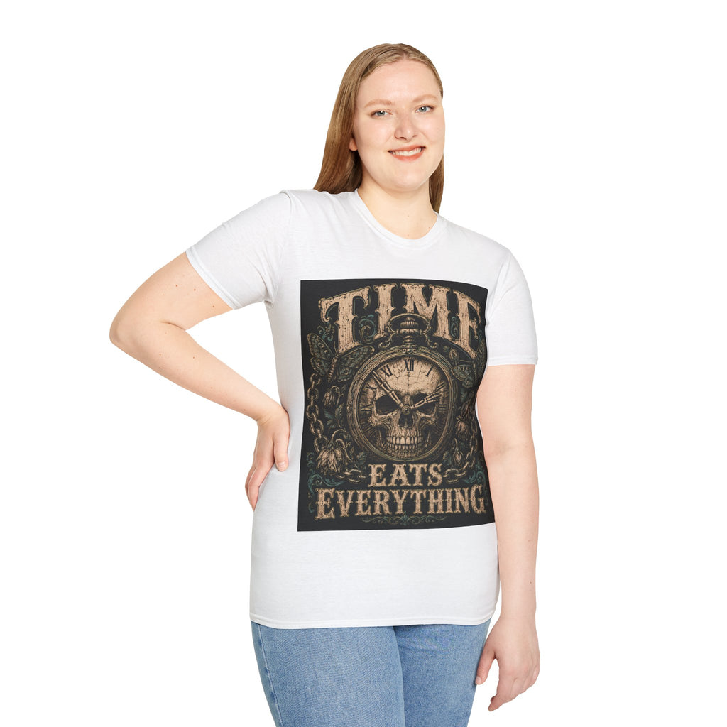 TIME Eats Everything T-Shirt — Vintage Clock & Skull Graphic Tee