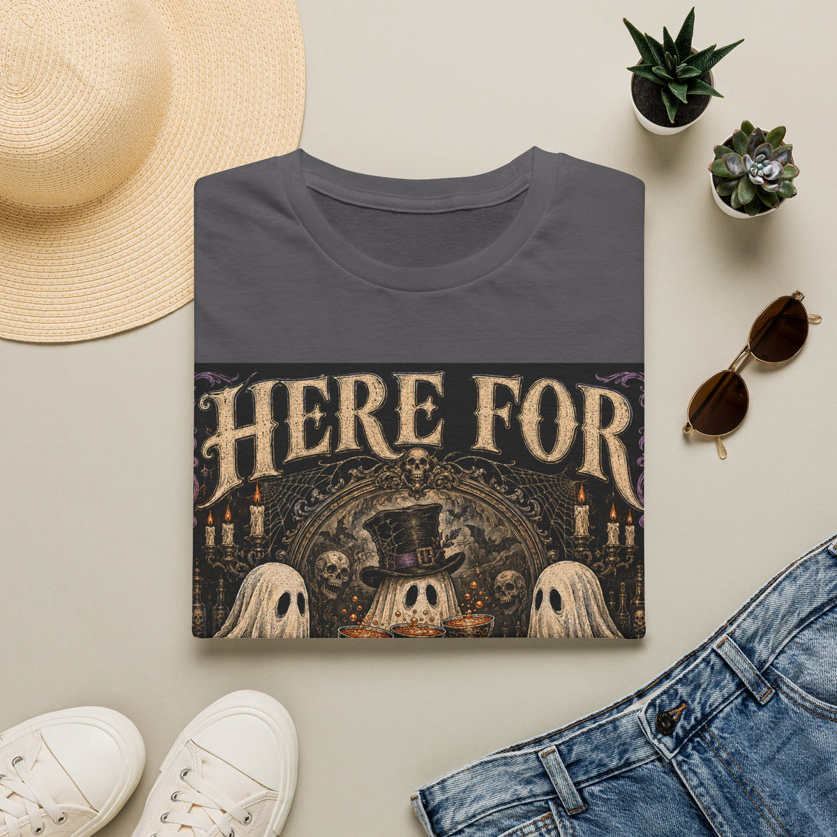 Halloween T‑Shirt — "Here For The Boos" Vintage Ghost & Skull Design