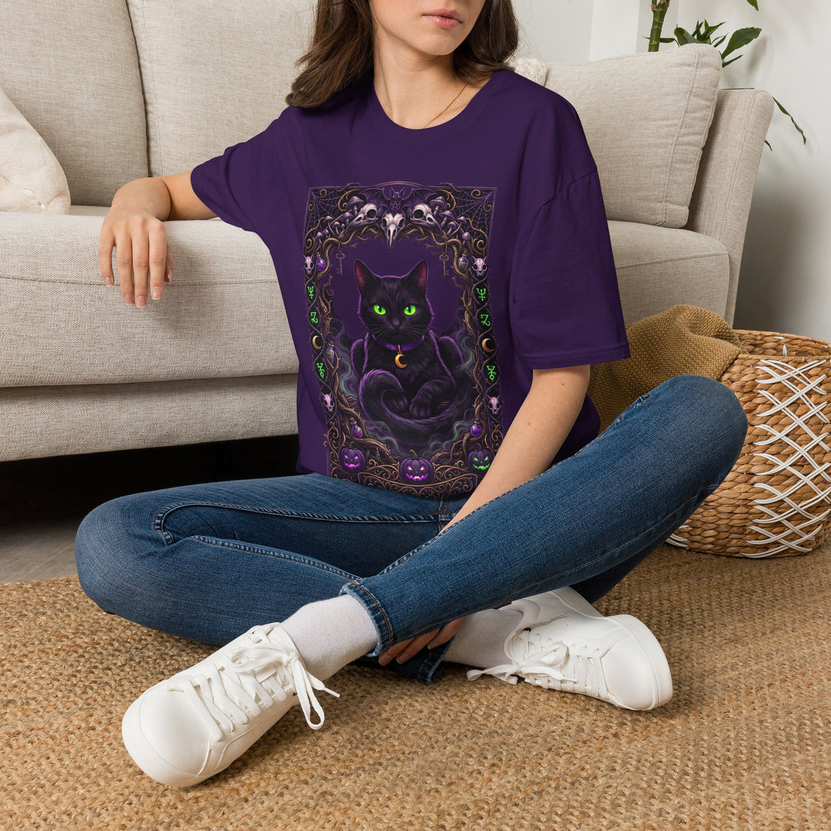 Mystic Green-Eyed Cat Tee - Gothic Occult Cat Graphic T-Shirt