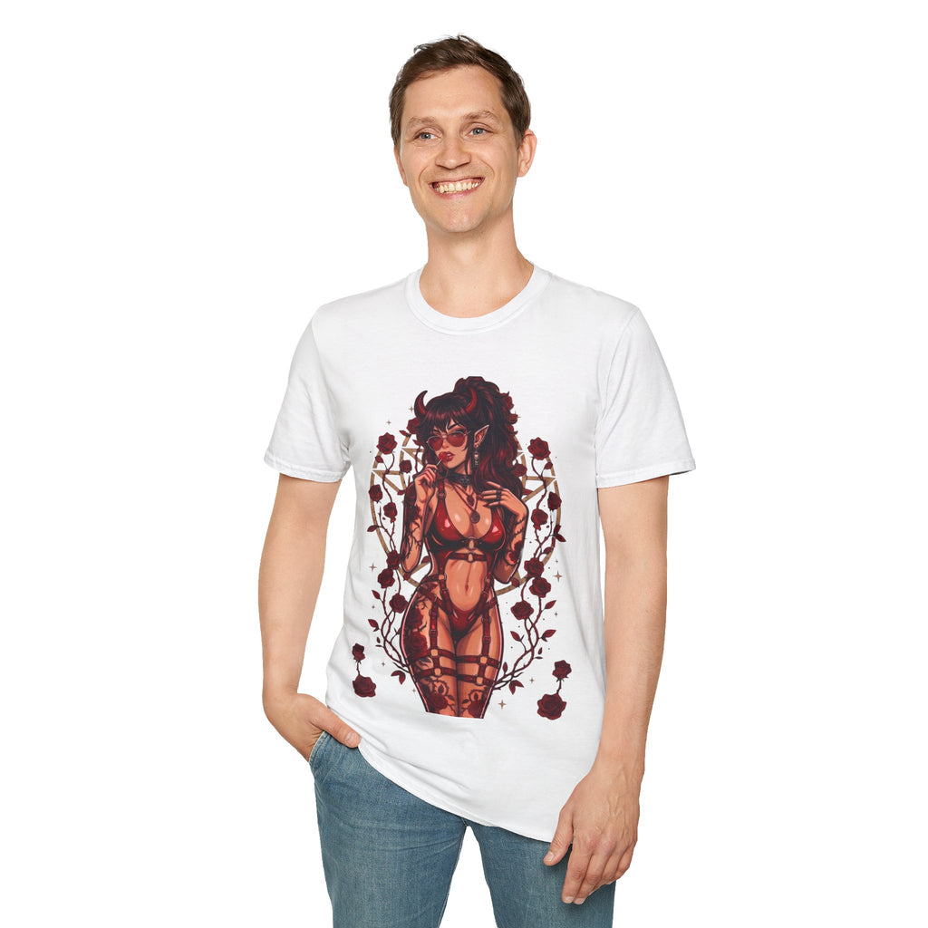 Sexy Succubus Tattoo Pin-Up Girl T Shirt - Rose Halo Graphic T-Shirt