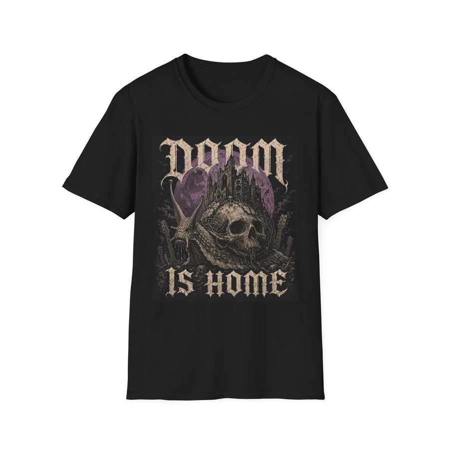 Black T-shirt with Doom Is Home text and purple gothic skull graphic, front view.