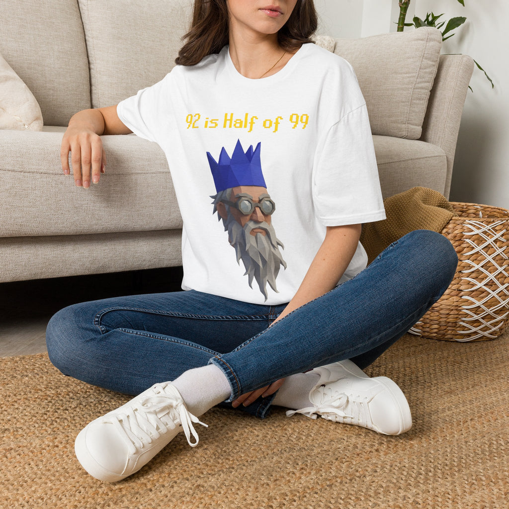 “92 is half of 99” Graphic T‑Shirt — Retro Pixel King Math Humor Tee