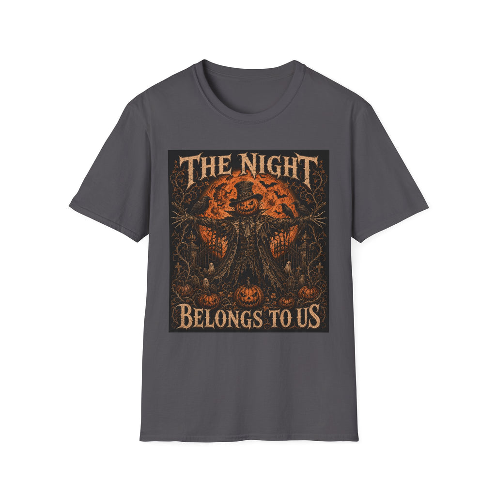 Halloween Scarecrow T-Shirt — "The Night Belongs To" Spooky Pumpkin Graphic