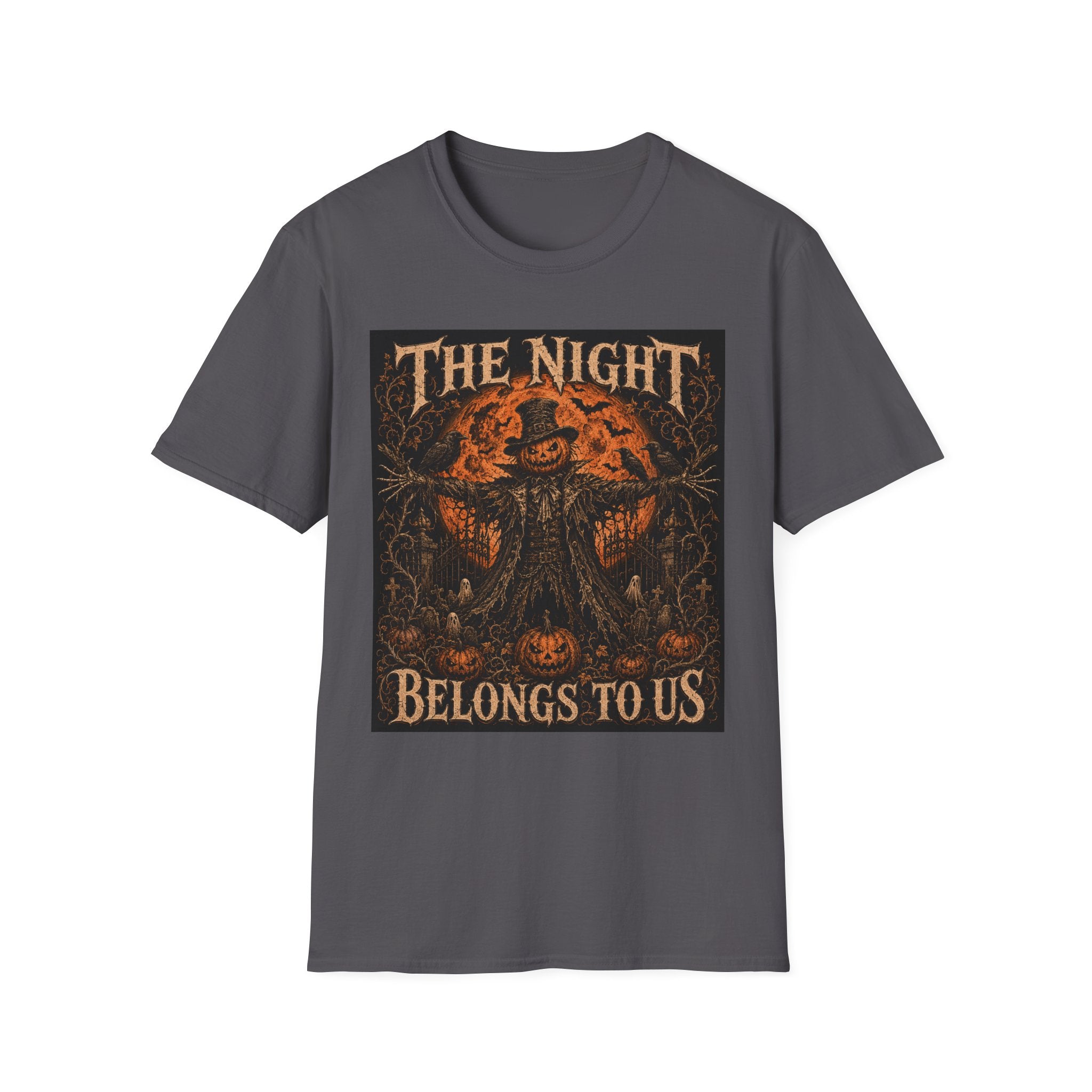 Halloween Scarecrow T-Shirt — "The Night Belongs To" Spooky Pumpkin Graphic