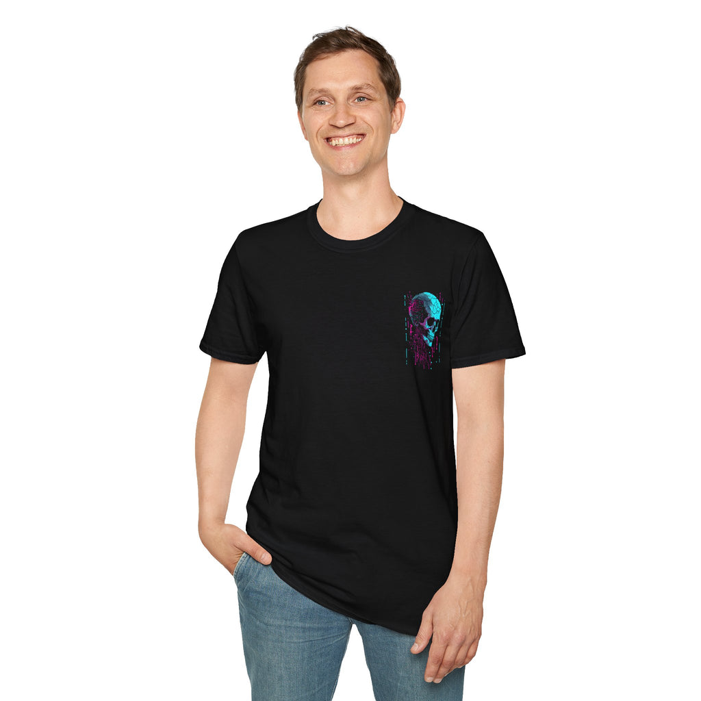 Skull Glitch T-Shirt — Neon Cyberpunk Pocket Graphic