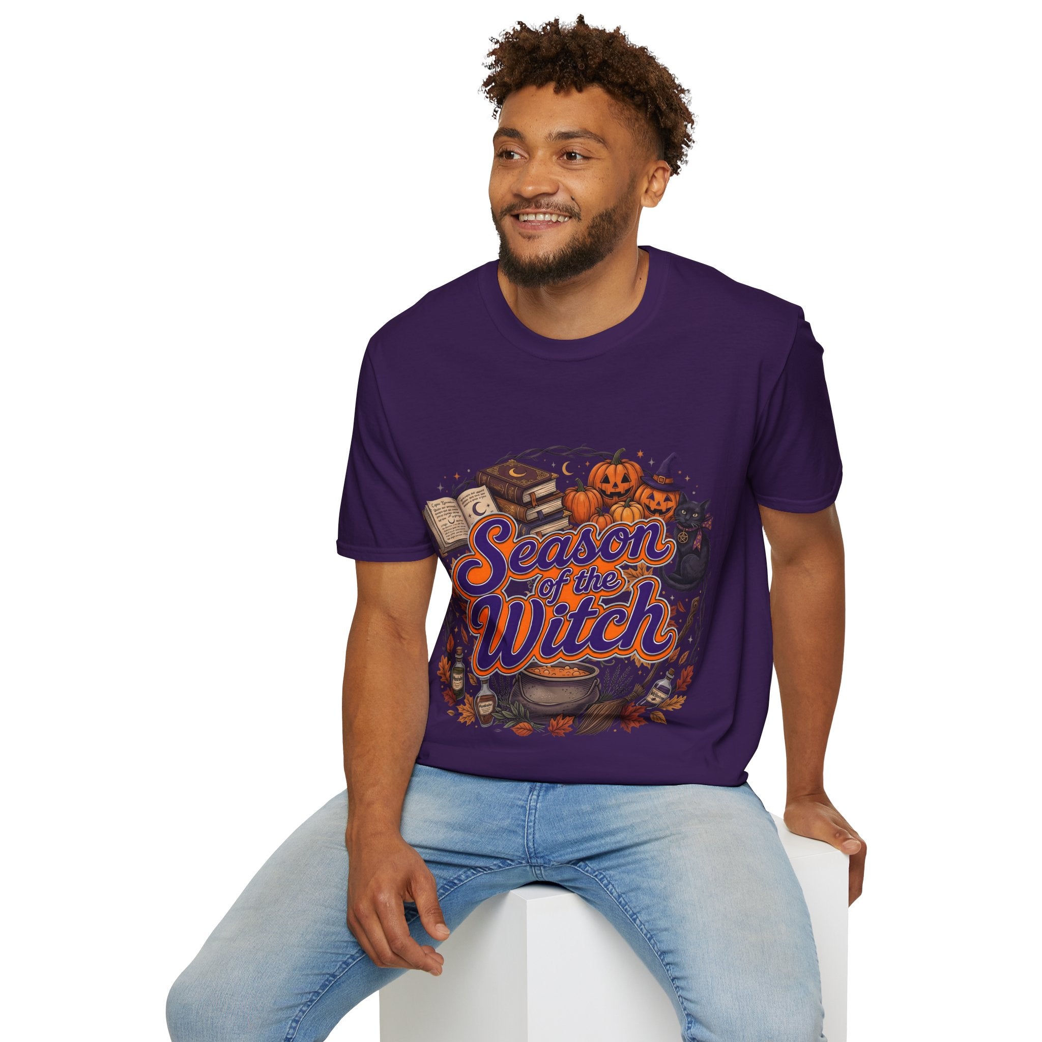 Season of the Witch Halloween T-Shirt — Pumpkin, Witch Hat & Spellbook Tee