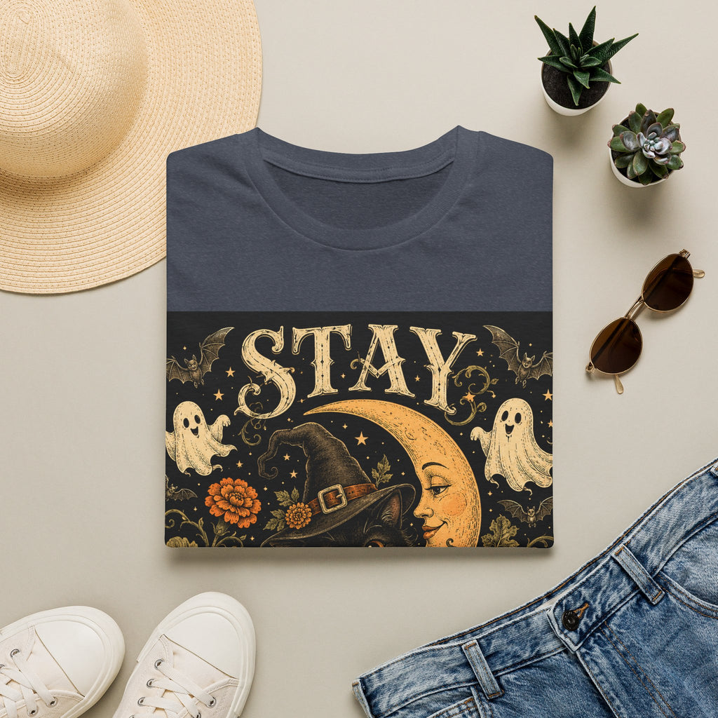 Halloween 'Stay Bewitched' T‑Shirt — Vintage Moon, Black Cat & Pumpkin Design