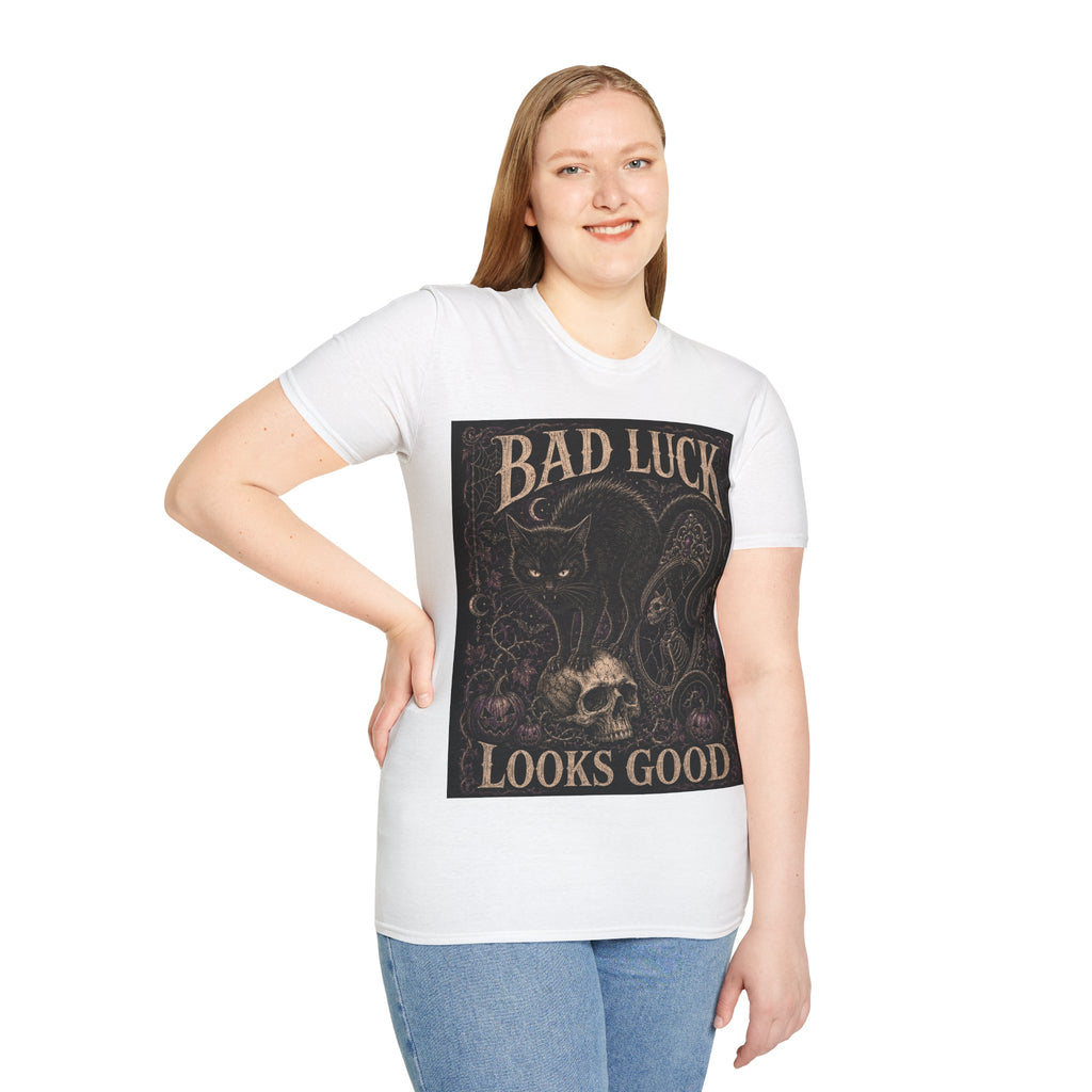 Bad Luck Black Cat Graphic T-Shirt — Gothic Skull Vintage Tattoo Tee
