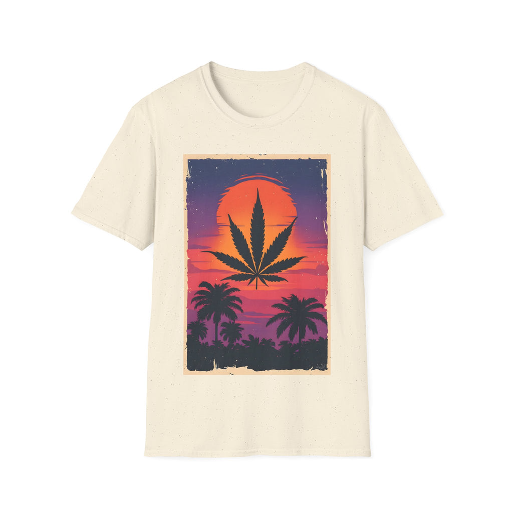 Cannabis Sunset T-Shirt — Retro Palm Leaf Marijuana Graphic Tee