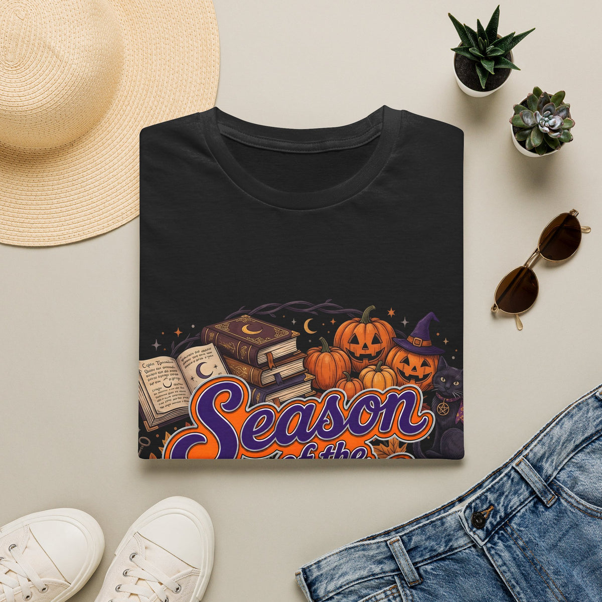 Season of the Witch Halloween T-Shirt — Pumpkin, Witch Hat & Spellbook Tee
