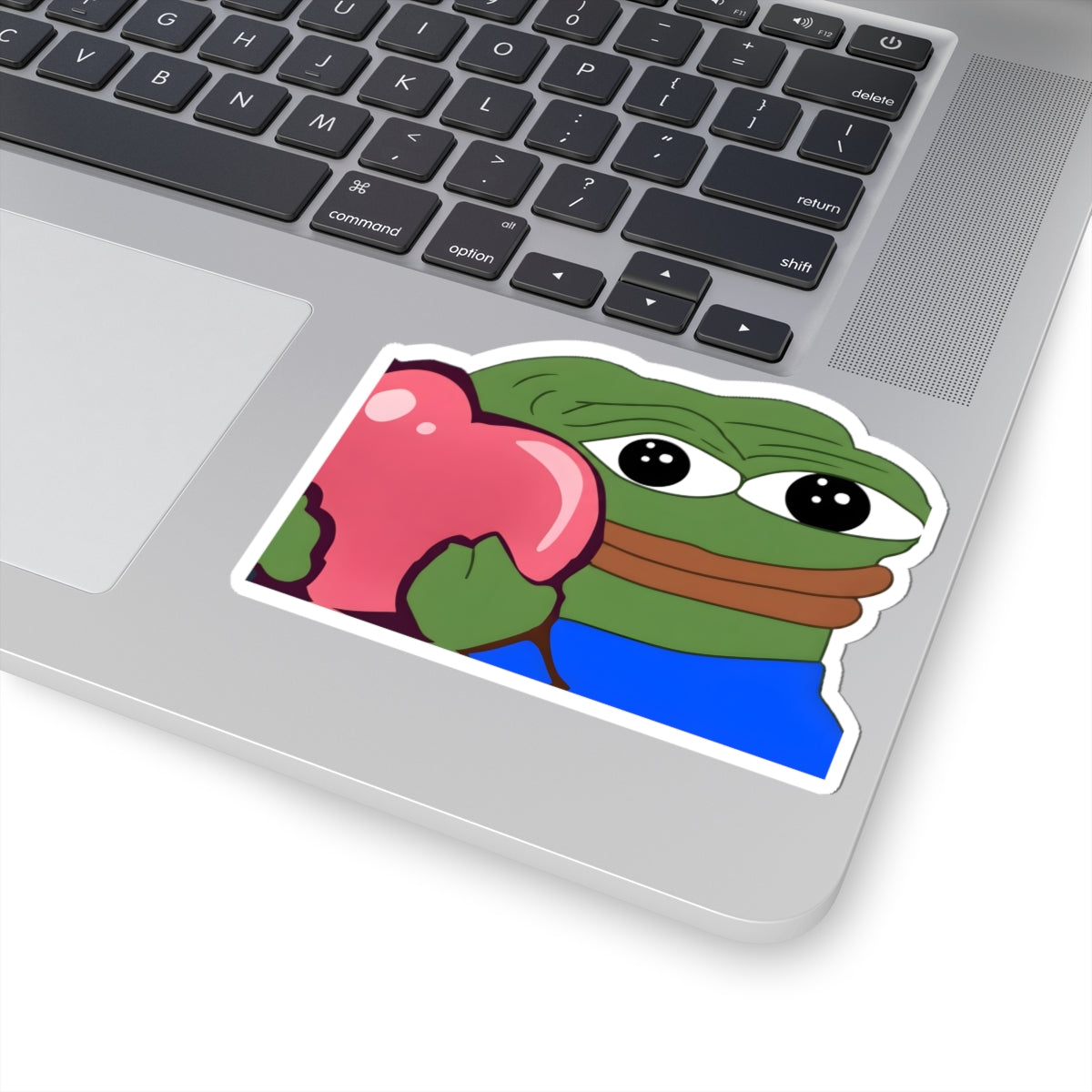 Pepe Heart Sticker — Cute Sad Frog Holding Pink Heart Kiss-Cut Sticker