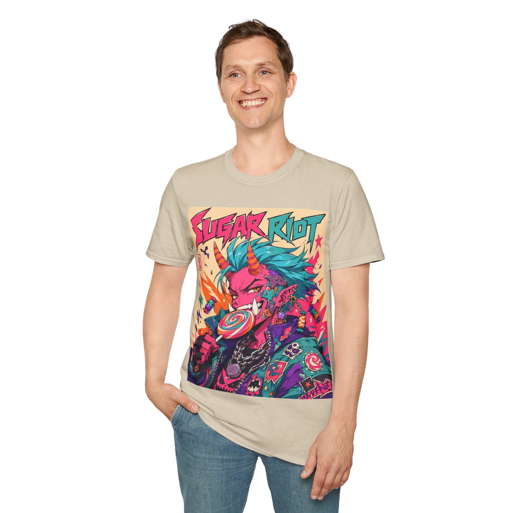 Sugar Riot T‑Shirt — Colorful Punk Unicorn Candy Skull Graphic Tee