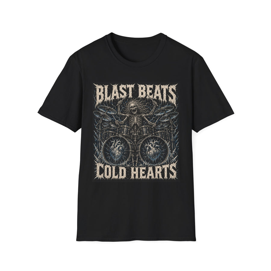 Black T-shirt with Blast Beats Cold Hearts text and skeleton drummer, front view.