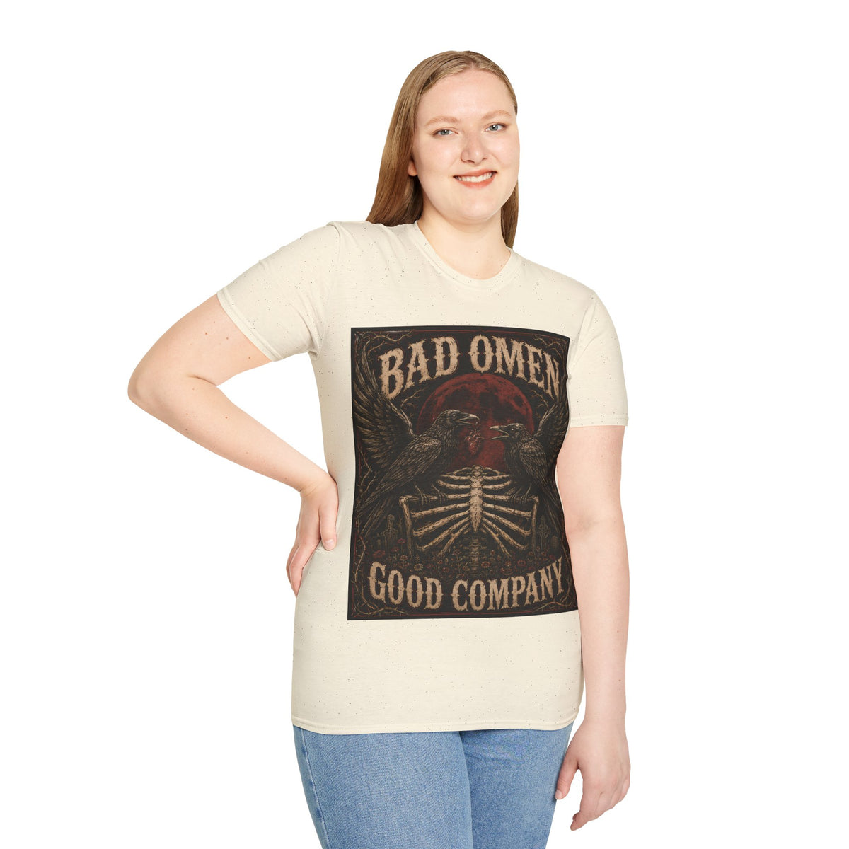 Bad Omen Graphic T‑Shirt — Gothic Raven Skeleton Retro Band Tee