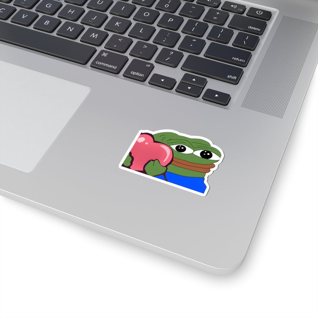 Pepe Heart Sticker — Cute Sad Frog Holding Pink Heart Kiss-Cut Sticker