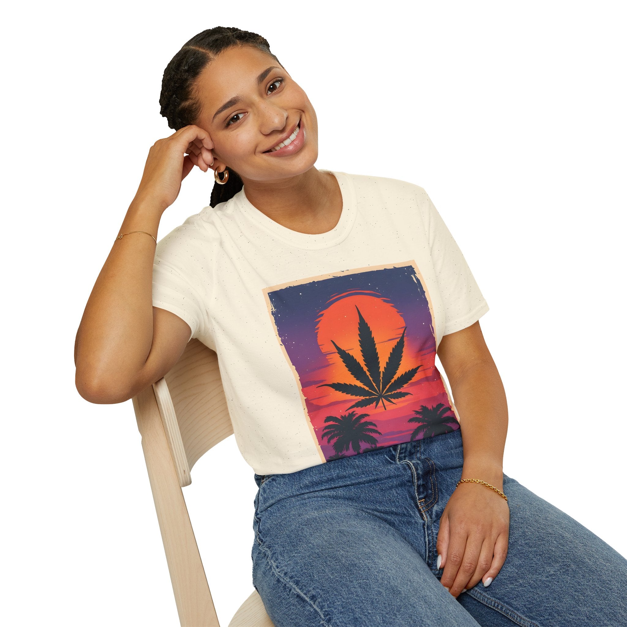 Cannabis Sunset T-Shirt — Retro Palm Leaf Marijuana Graphic Tee