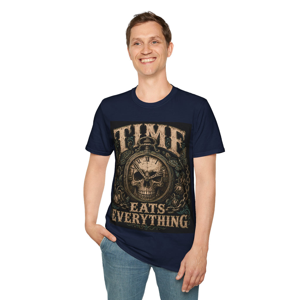 TIME Eats Everything T-Shirt — Vintage Clock & Skull Graphic Tee