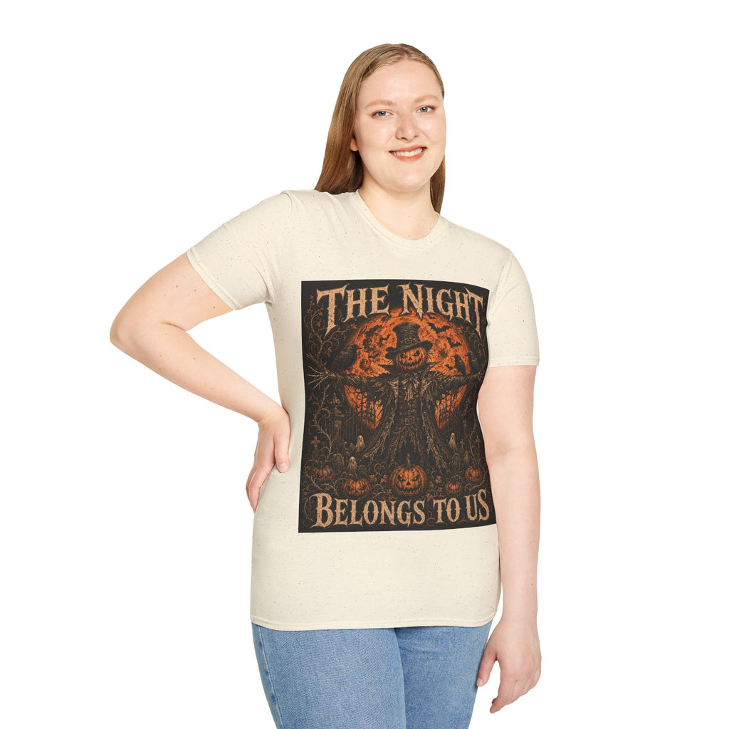 Halloween Scarecrow T-Shirt — "The Night Belongs To" Spooky Pumpkin Graphic