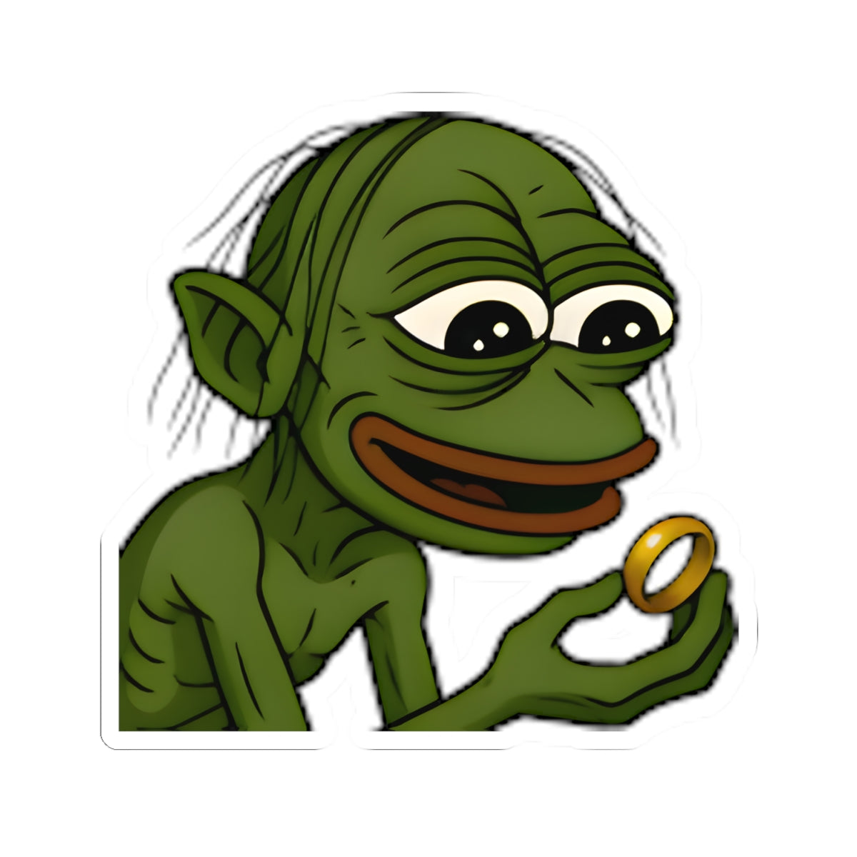 Pepe Gollum Sticker — Funny Green Character Holding Ring Kiss-Cut Sticker
