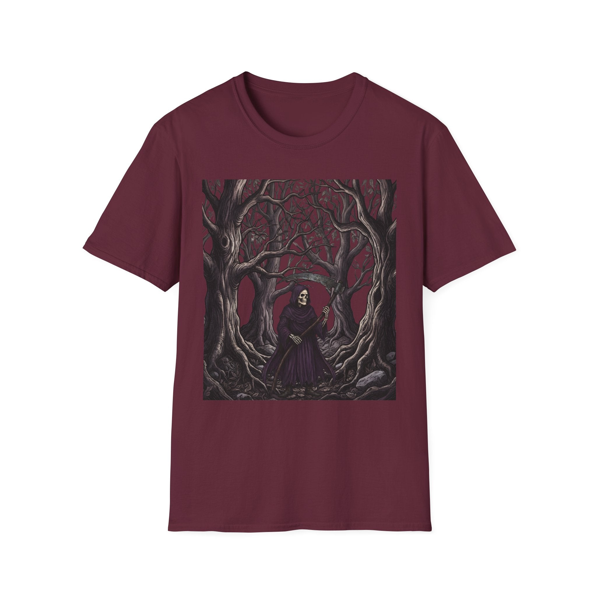 roam the woods t shirt gothic dark fantasy grim reaper design, product image showing the garment or product detail.