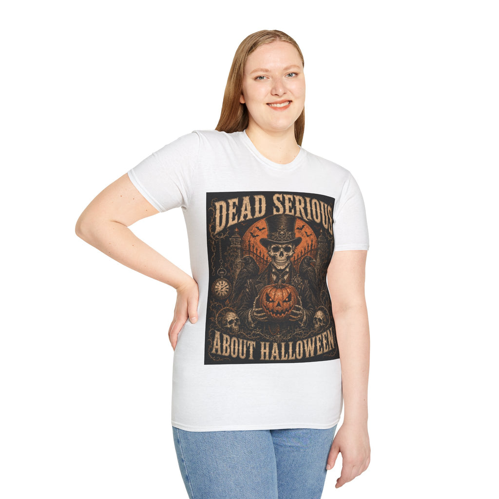 Halloween T-Shirt — "Dead Serious About Halloween" Skull & Pumpkin Vintage Design