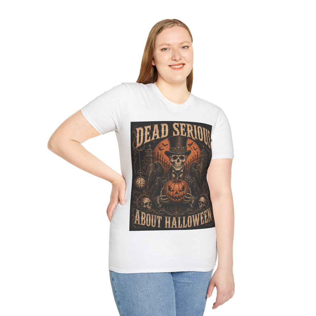 Halloween T-Shirt — "Dead Serious About Halloween" Skull & Pumpkin Vintage Design