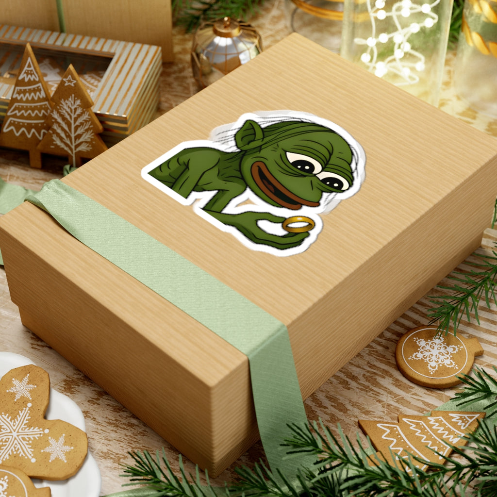 Pepe Gollum Sticker — Funny Green Character Holding Ring Kiss-Cut Sticker