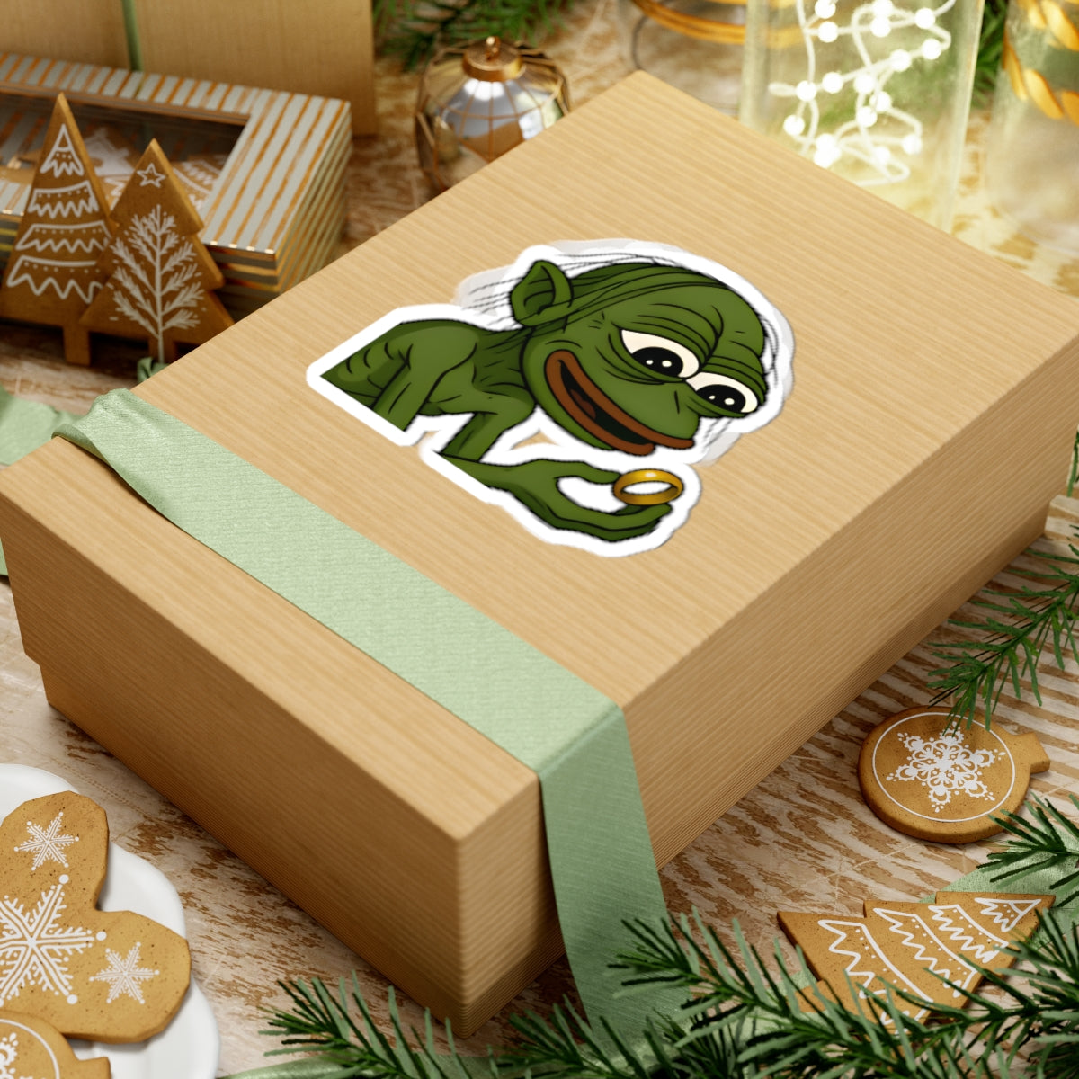 Pepe Gollum Sticker — Funny Green Character Holding Ring Kiss-Cut Sticker