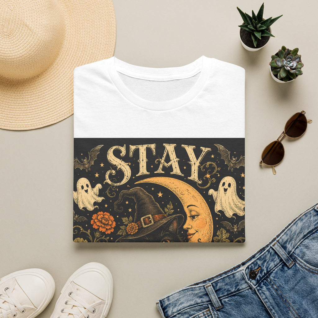 Halloween 'Stay Bewitched' T‑Shirt — Vintage Moon, Black Cat & Pumpkin Design