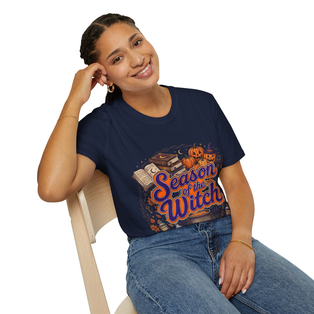 Season of the Witch Halloween T-Shirt — Pumpkin, Witch Hat & Spellbook Tee