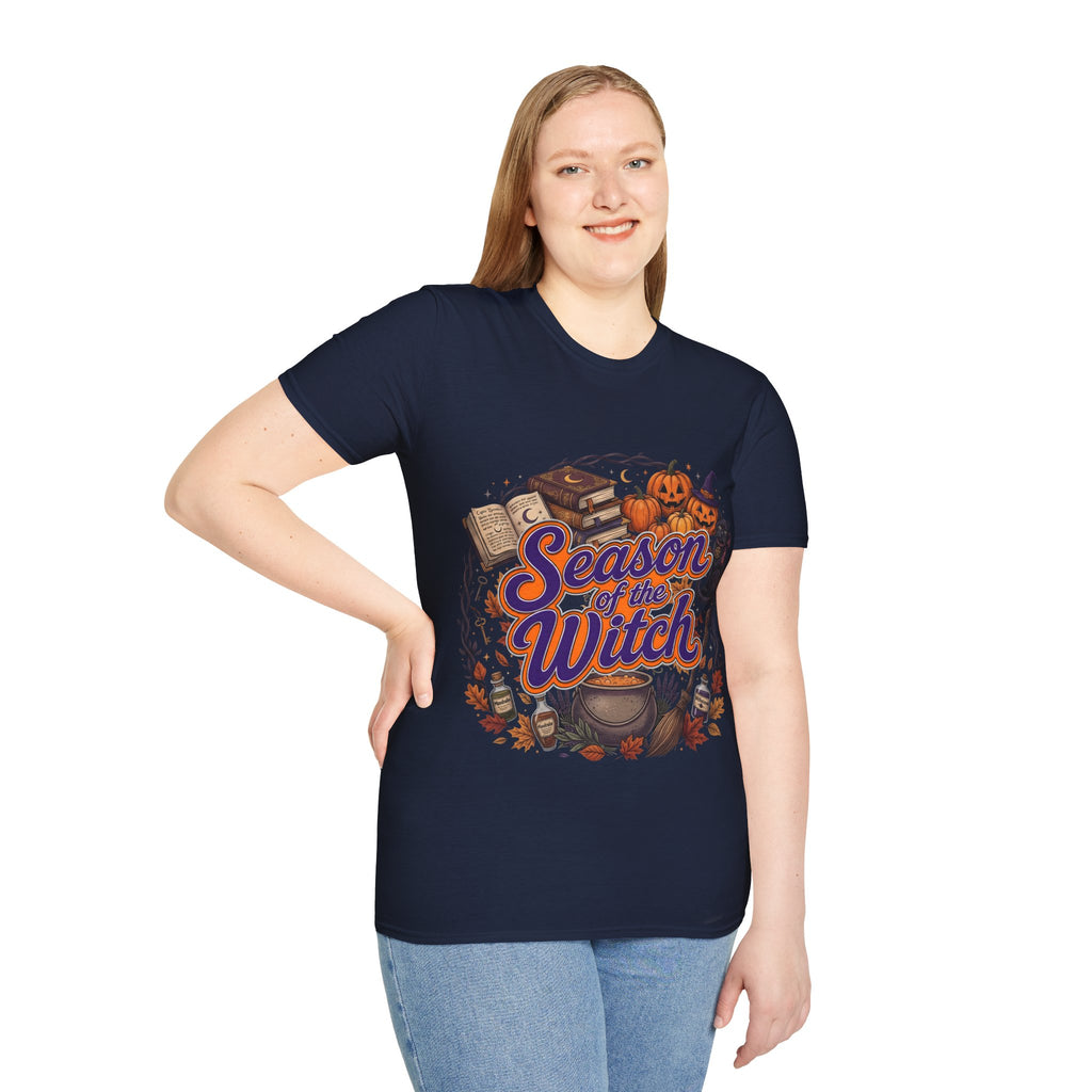 Season of the Witch Halloween T-Shirt — Pumpkin, Witch Hat & Spellbook Tee
